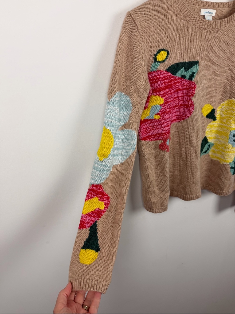 Sundance Winter Flowers Sweater Tan Floral Crewneck Lambswool Cashmere XS - Picture 4 of 7